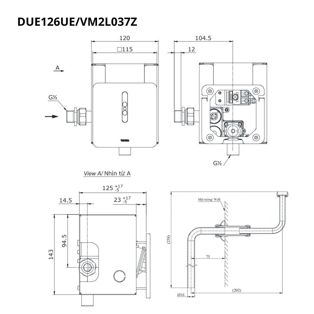 Van xả tiểu TOTO DUE126UEA VM2L037Z cảm ứng dùng điện kèm ống nối