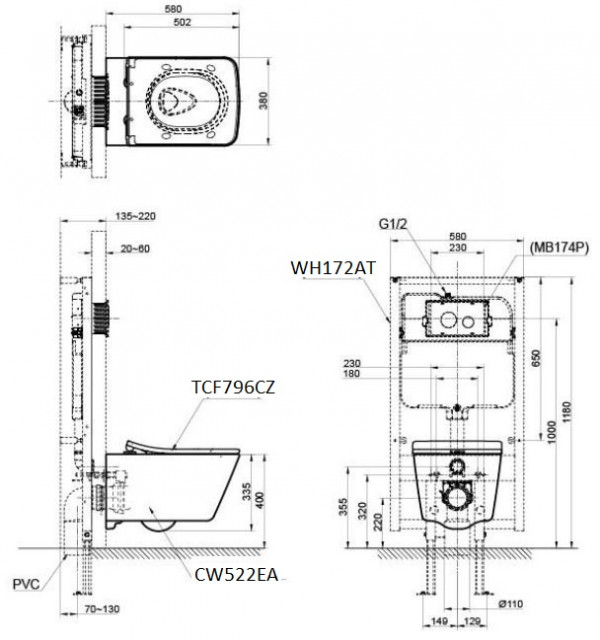 Bồn cầu treo tường điện tử SX (giấu dây) TOTO CW522EA TCF796CZ WH172AT MB171M - 5