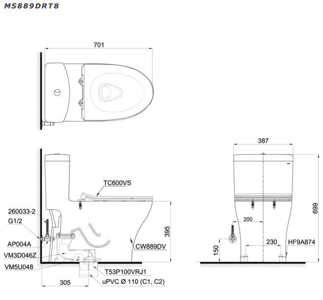Bồn cầu 1 khối TOTO MS889DRT8 nắp đóng êm TC600VS - 7