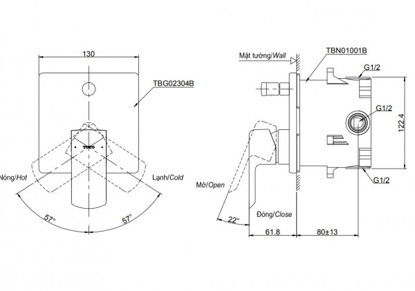 Van gật gù điều chỉnh nóng lạnh kèm nút chuyển hướng và phụ kiện âm tường TOTO TBG02304BA TBN01001B - 6