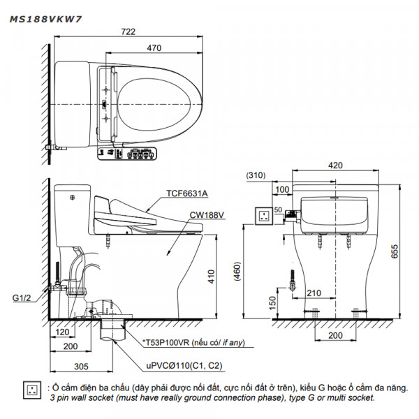 Bồn Cầu 1 Khối Nắp Điện Tử TOTO MS188VKW7/T53P100VR - 2