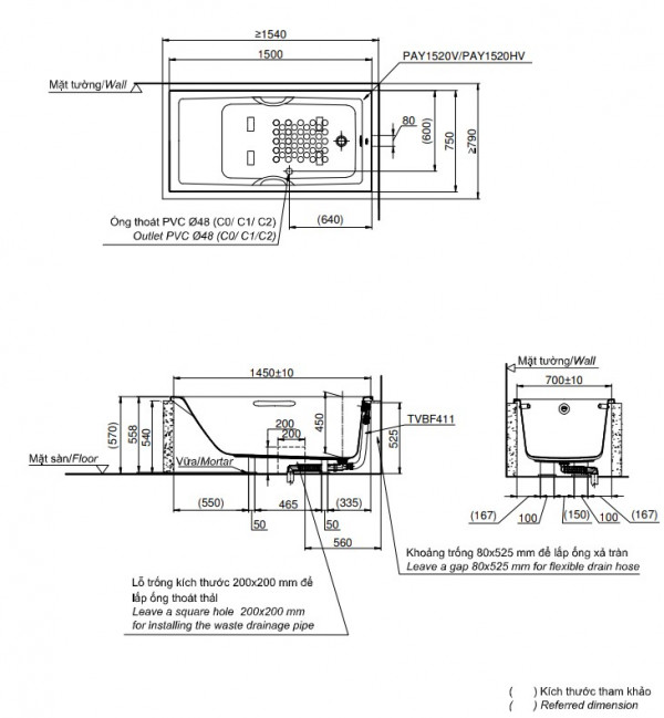 Bồn tắm TOTO PAY1520V#W nhựa 1m5 - 2