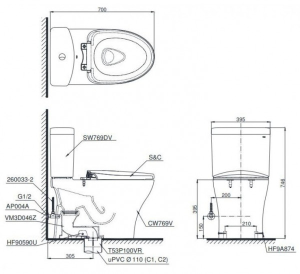 Bồn cầu TOTO CS769DRW14 2 khối nắp điện tử Washlet C5 TCF24410AAA - 2