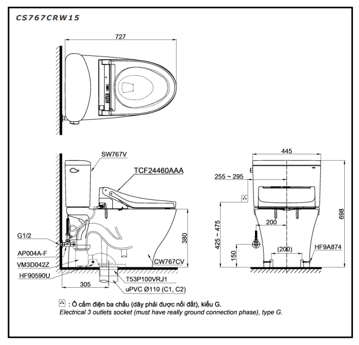 Bồn cầu TOTO CS767CRW15 2 khối nắp điện tử Washlet C5 TCF24460AAA giấu dây - 2