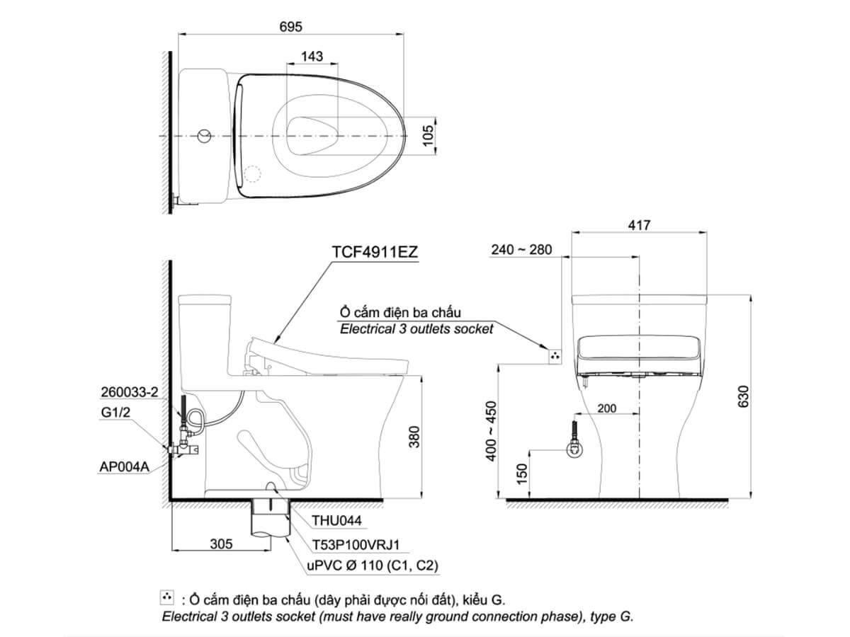 Bồn cầu TOTO MS855CDW12 1 khối nắp điện tử Washlet S7 TCF4911EZ giấu dây - 2
