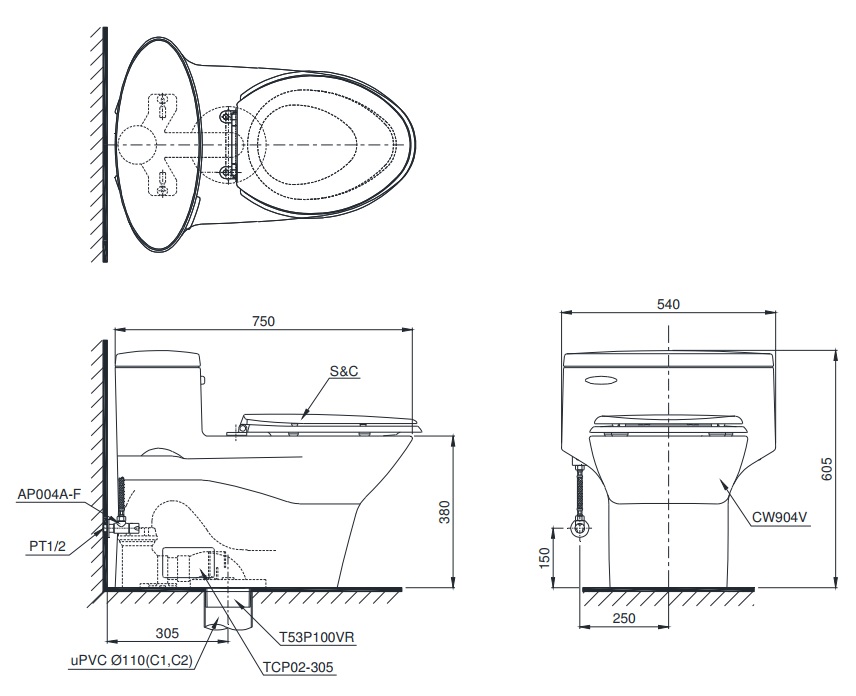 Bồn cầu 1 khối nắp rửa điện tử C5 TOTO MS904W6