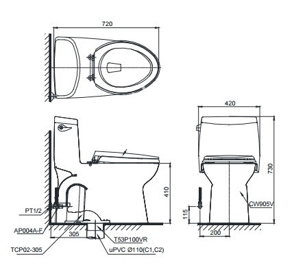 Bồn cầu 1 khối nắp rửa điện tử C2 TOTO MS905W7 - 3