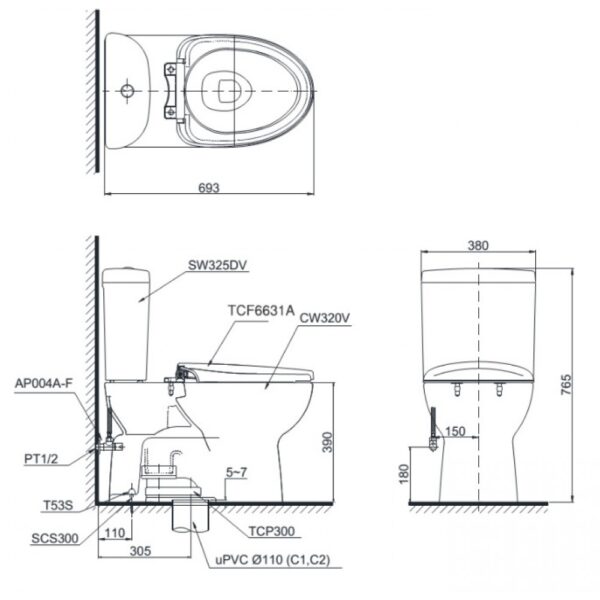 Bản vẽ kỹ thuật bồn cầu 2 khối TOTO CS325DRW7 nắp rửa điện tử