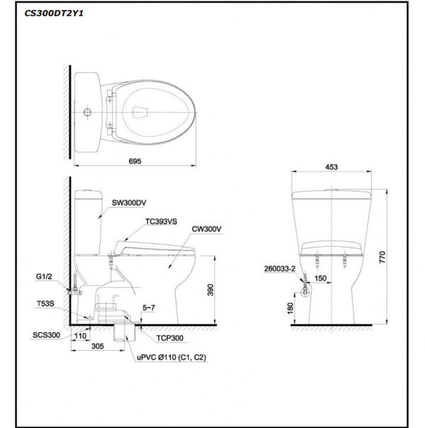 Bồn cầu 2 khối TOTO CS300DT2Y1 nắp đóng êm TC393VS