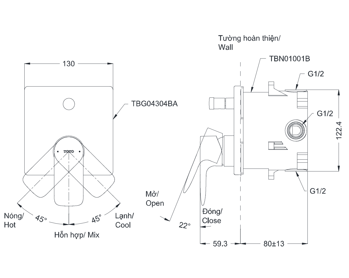 Van gật gù điều chỉnh nóng lạnh TOTO TBG04304BA kèm nút chuyển hướng