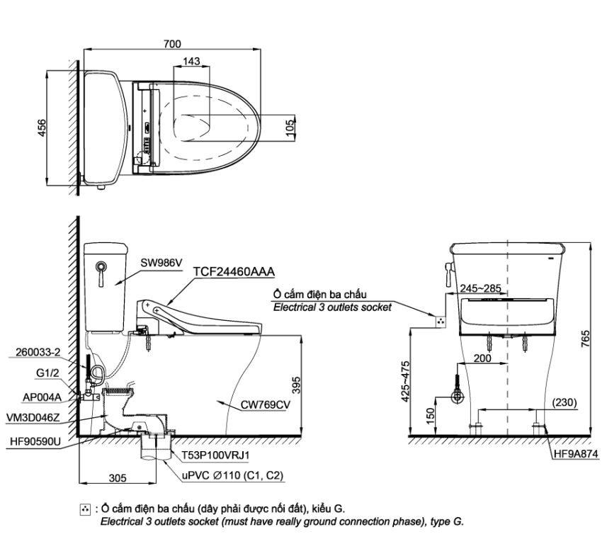 Bồn cầu TOTO CS986CGW15 2 khối nắp điện tử Washlet C5 TCF24460AAA giấu dây - 2