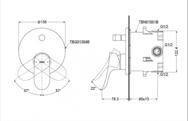 Van gật gù điều chỉnh nóng lạnh kèm nút chuyển hướng và phụ kiện âm tường TOTO TBG01304BA TBN01001B - 6