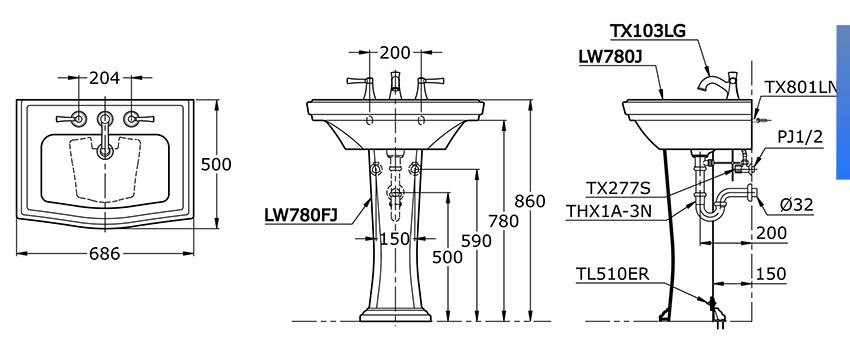 Chậu lavabo treo tường TOTO LW780J LW780FJ TX801LN TL510ERR chân dài cổ điển