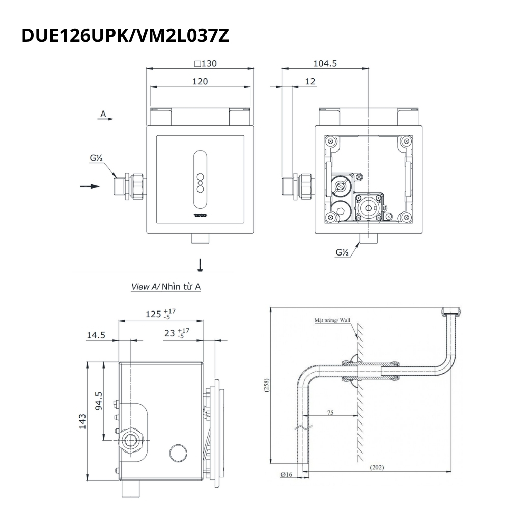 Van xả tiểu TOTO DUE126UPK VM2L037Z cảm ứng dùng pin kèm ống nối