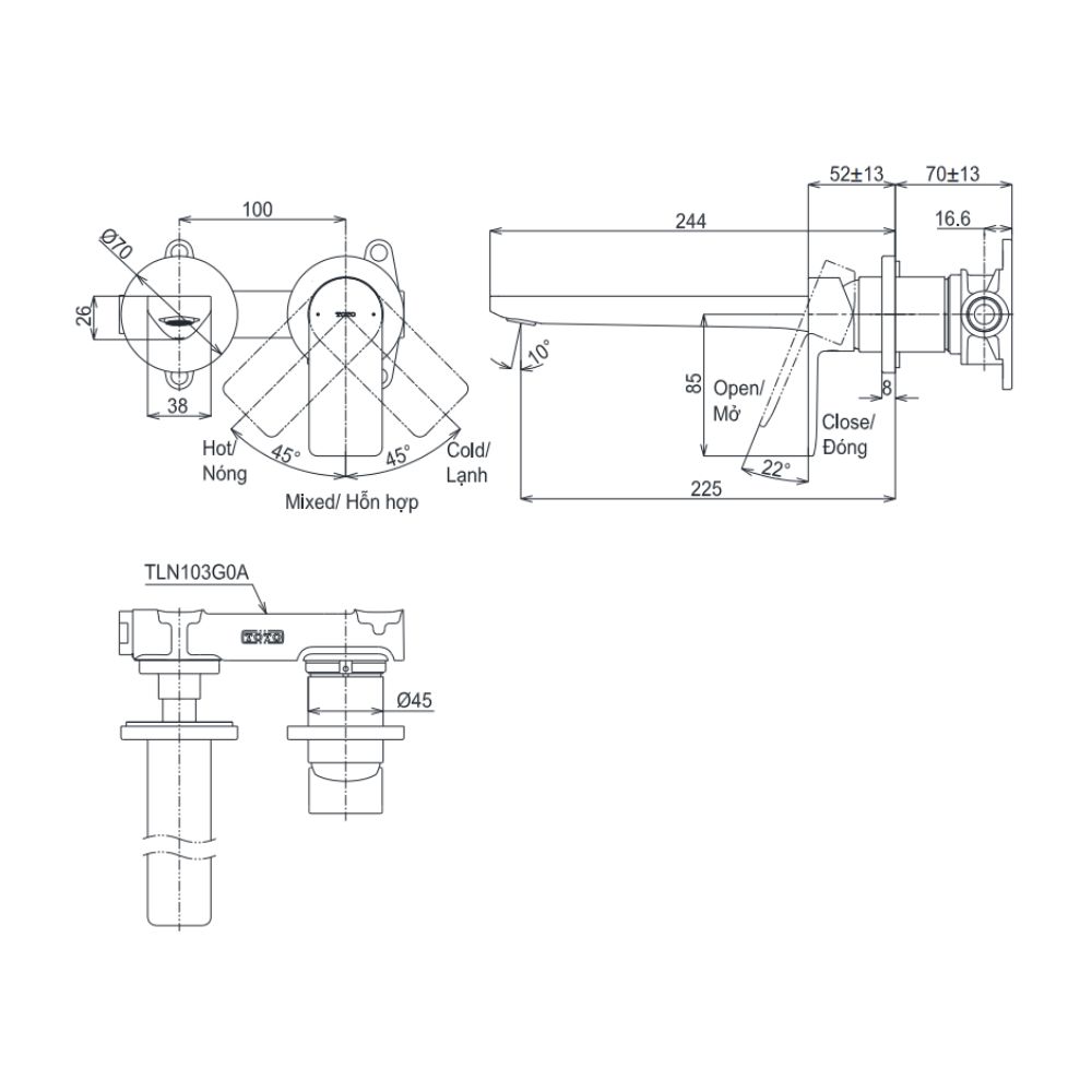 Vòi lavabo nóng lạnh gắn tường GT TOTO TLG13308A - 2
