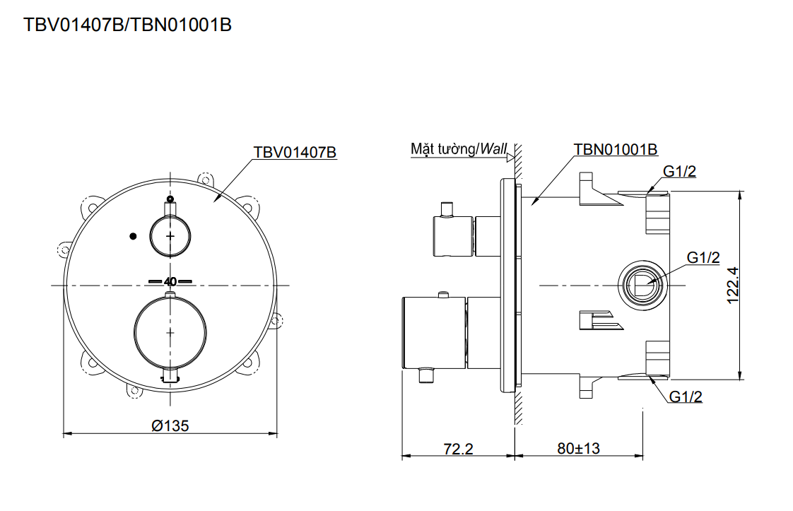 Van điều chỉnh nhiệt độ kèm van dừng và phụ kiện âm tường TOTO TBV01407B TBN01001B - 2