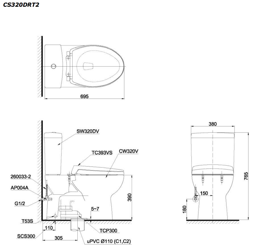 Bồn cầu 2 khối TOTO CS320DRT2 nắp đóng êm TC393VS - 9