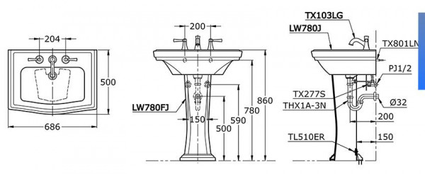 Chậu lavabo treo tường TOTO LW780J LW780FJ TX801LN TL510ERR chân dài cổ điển - 2