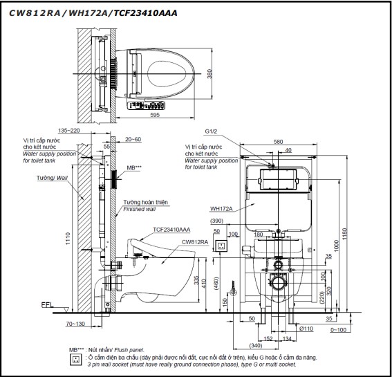 Bồn cầu treo tường điện tử TOTO CW812RA TCF23410AAA WH172A MB176GH - 2