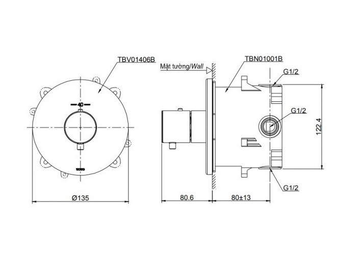 Van điều chỉnh nhiệt độ TOTO TBV01406B kèm phụ kiện âm tường TBN01001B - 2