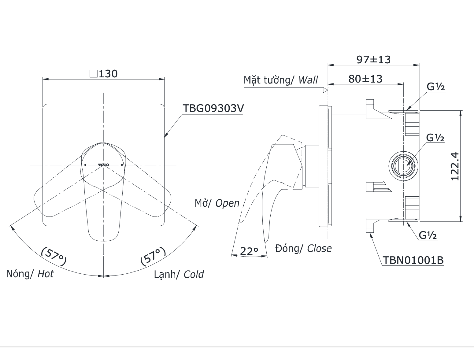Van gật gù điều chỉnh nóng lạnh TOTO TBG09303VA kèm phụ kiện âm tường TBN01001B - 2