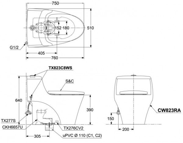 Bồn cầu TOTO CW823RAW11 T53P100VR 1 khối nắp điện tử Washlet S7 TCF4911Z - 2