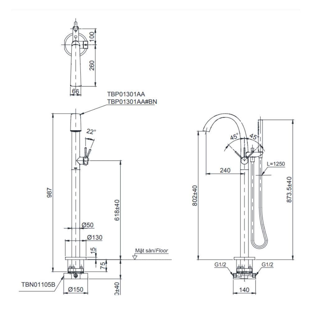 Vòi xả bồn tắm TOTO TBP01301AA#BN TBN01105B đặt sàn nóng lạnh