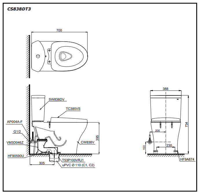 Bồn cầu 2 khối TOTO CS838DT3 nắp đóng êm TC385VS - 13