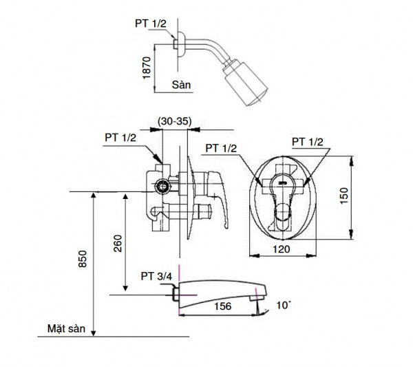 sen tắm âm tường TOTO TS581A TS602#CR nóng lạnh ARANDA - 3