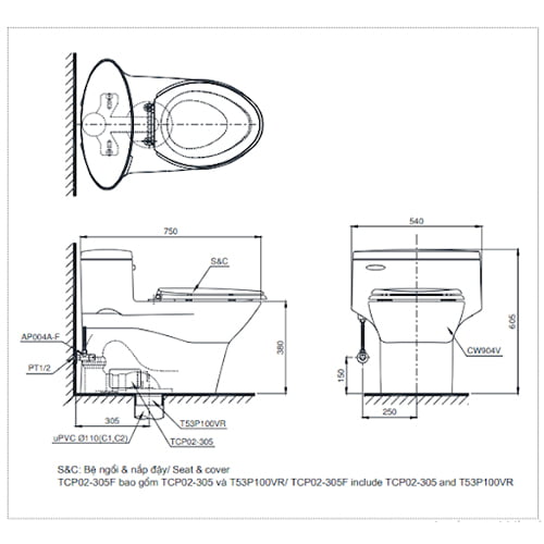 Bồn cầu TOTO MS904E4#XW 1 khối nắp rửa cơ TCW1211A