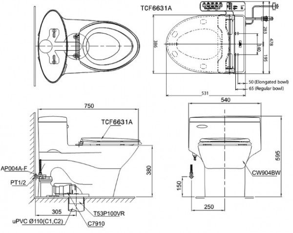 Bồn cầu 1 khối nắp rửa điện tử C2 TOTO MS904W7 - 2