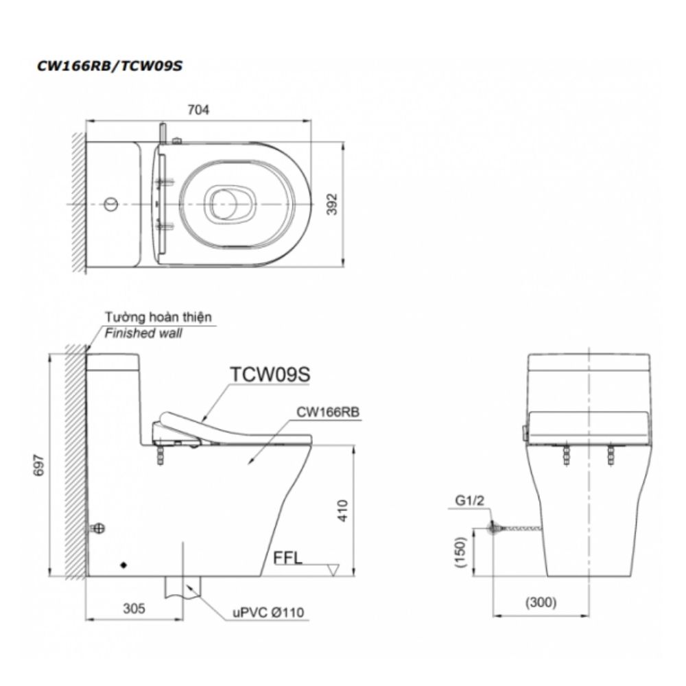 Bồn cầu TOTO CW166RB TCW09S T53P100VR 1 khối nắp rửa cơ Ecowasher E5 - 3