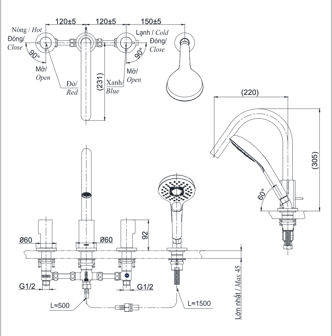 Vòi xả bồn tắm TOTO TBG11201B nóng lạnh - 7