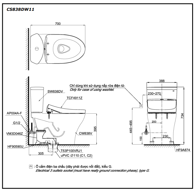 Bồn cầu TOTO CS838DW11 2 khối nắp điện tử Washlet S7 TCF4911Z - 15