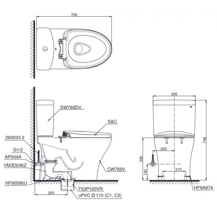 Bồn cầu nắp rửa điện tử TOTO 2 khối CS769DRW6 - 11