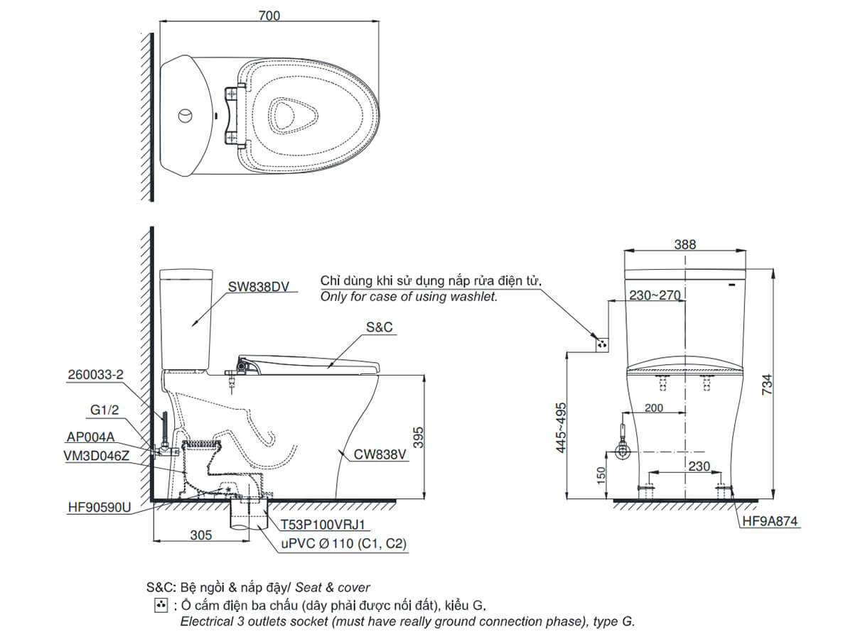 Bồn cầu nắp rửa điện tử TOTO 2 khối CS838DW7 - 2
