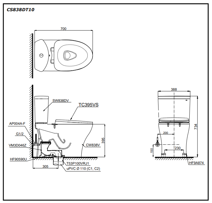 Bồn cầu 2 khối TOTO CS838DT10 nắp đóng êm TC395VS - 13