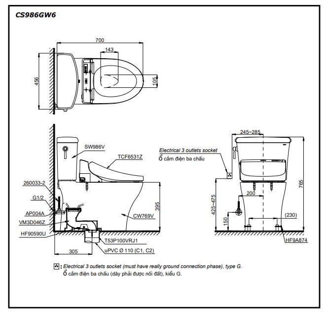 Bồn cầu TOTO nắp rửa điện tử CS986GW6