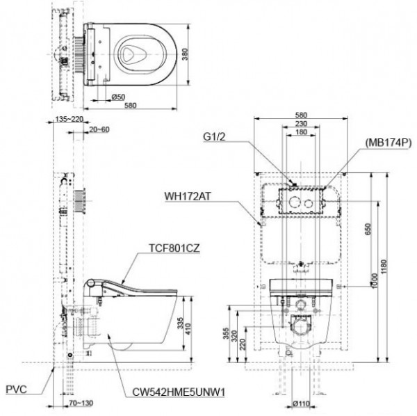 Bồn cầu treo tường điện tử RW (giấu dây) TOTO CW542HME5U TCF801CZ WH172AT MB175M - 2