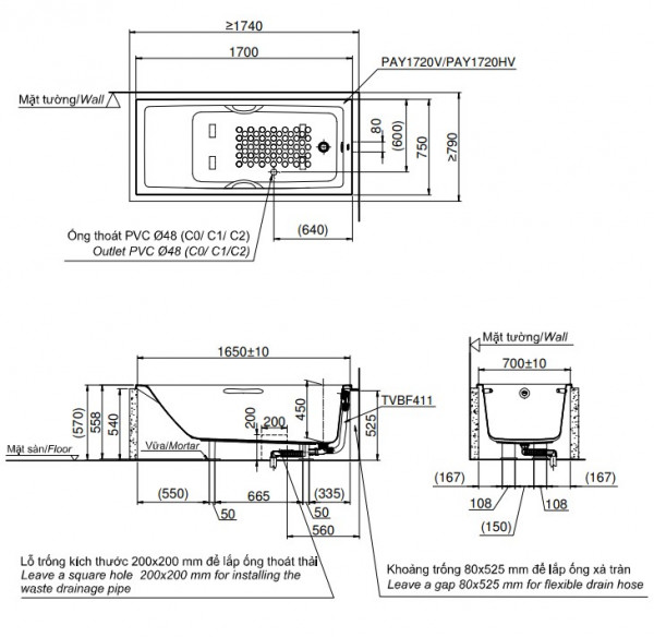 Bồn tắm TOTO PAY1720HV#W nhựa 1m7 tay vịn - 2