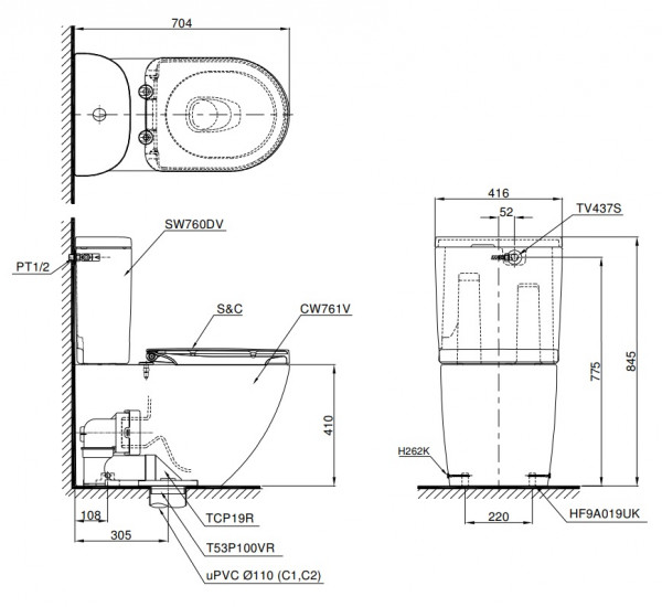 Bồn cầu 2 khối nắp rửa điện tử C2 TOTO CS761DW8 - 2