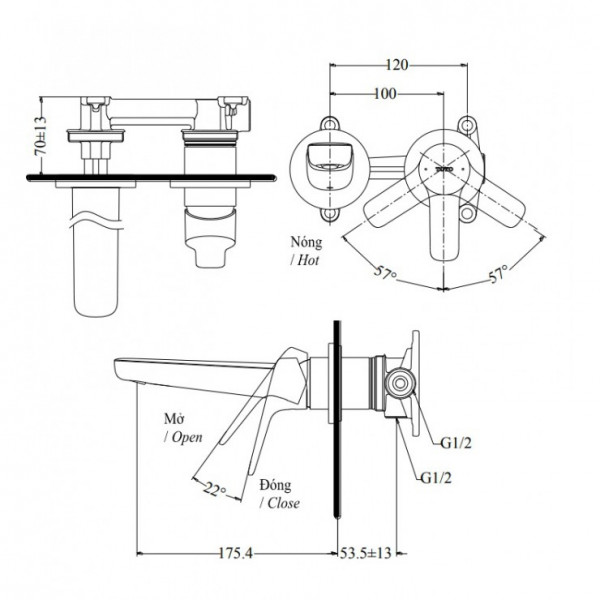 Vòi lavabo nóng lạnh gắn tường GS TOTO TLG03307BB (TLG03307B) - 3