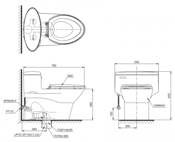 Bồn cầu 1 khối nắp rửa điện tử C5 TOTO MS904W6 - 2
