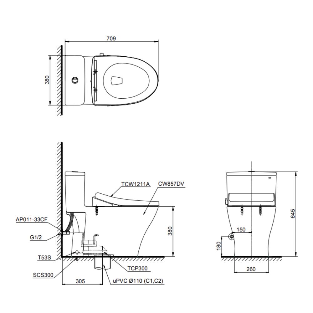 Bồn cầu 1 khối TOTO MS857DE4 nắp rửa cơ TCW1211A - 7