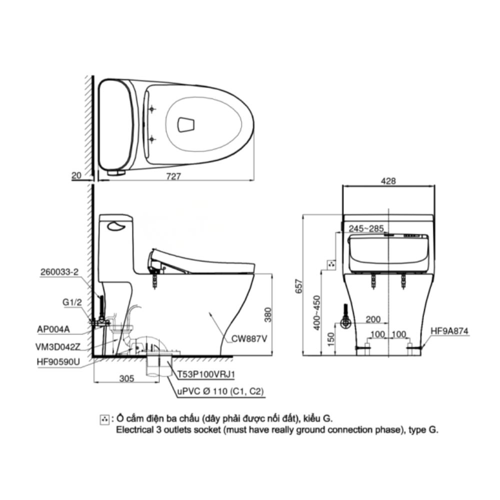 Bồn cầu TOTO MS887RW25 1 khối nắp điện tử Washlet S5 TCF34461GAA - 2