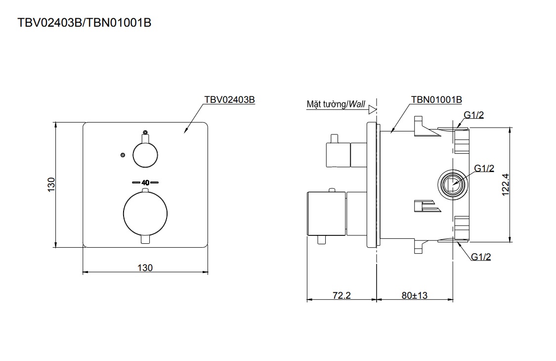 Van điều chỉnh nhiệt độ TOTO TBV02403B kèm phụ kiện âm tường TBN01001B