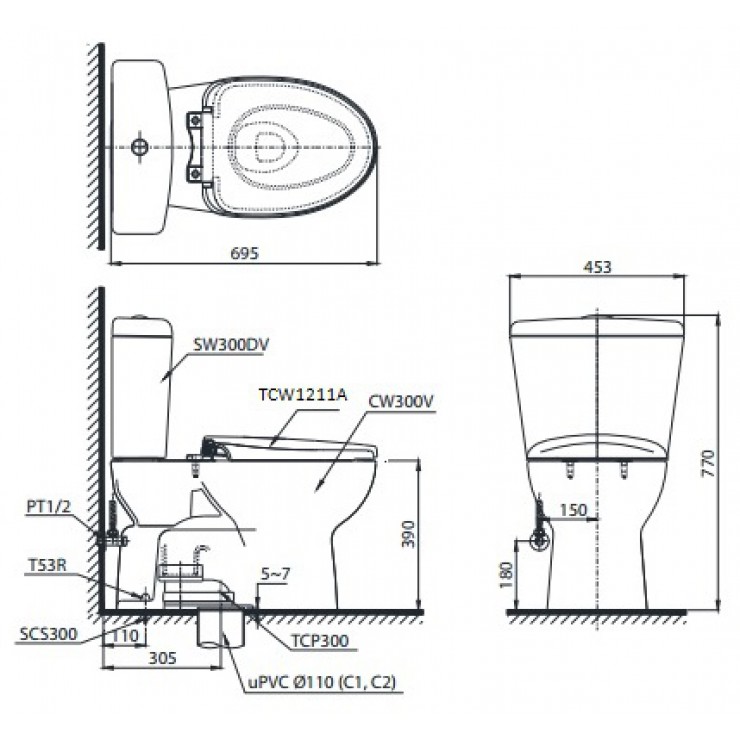 Bồn cầu TOTO CS300DRE4 2 khối nắp rửa cơ TCW1211A
