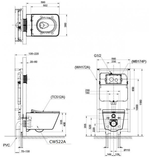 Bồn cầu treo tường nắp êm TOTO CW522A TC512A WH172A MB171M - 20