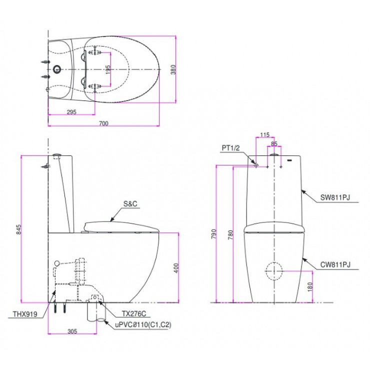 Bồn cầu hai khối nắp êm TOTO CW811NPJWS