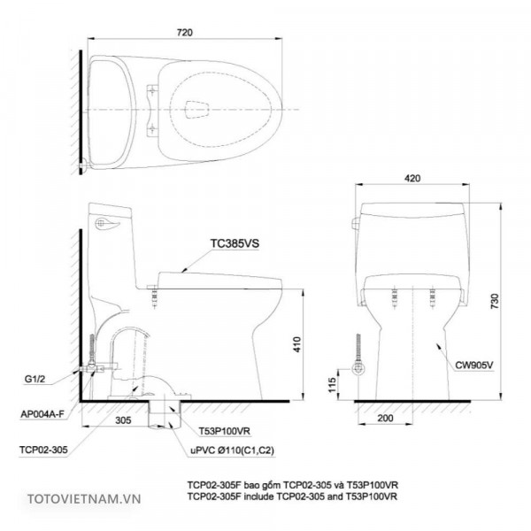 Bồn cầu TOTO MS905W11 1 khối nắp điện tử Washlet S7 TCF4911Z - 2